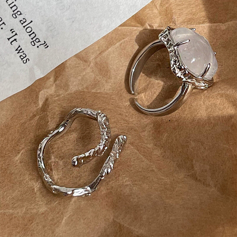 Real 925 Sterling Silver Personality Stone Double Lines Adjustable Retro Ring Fine Jewelry For Women Party Elegant Accessories