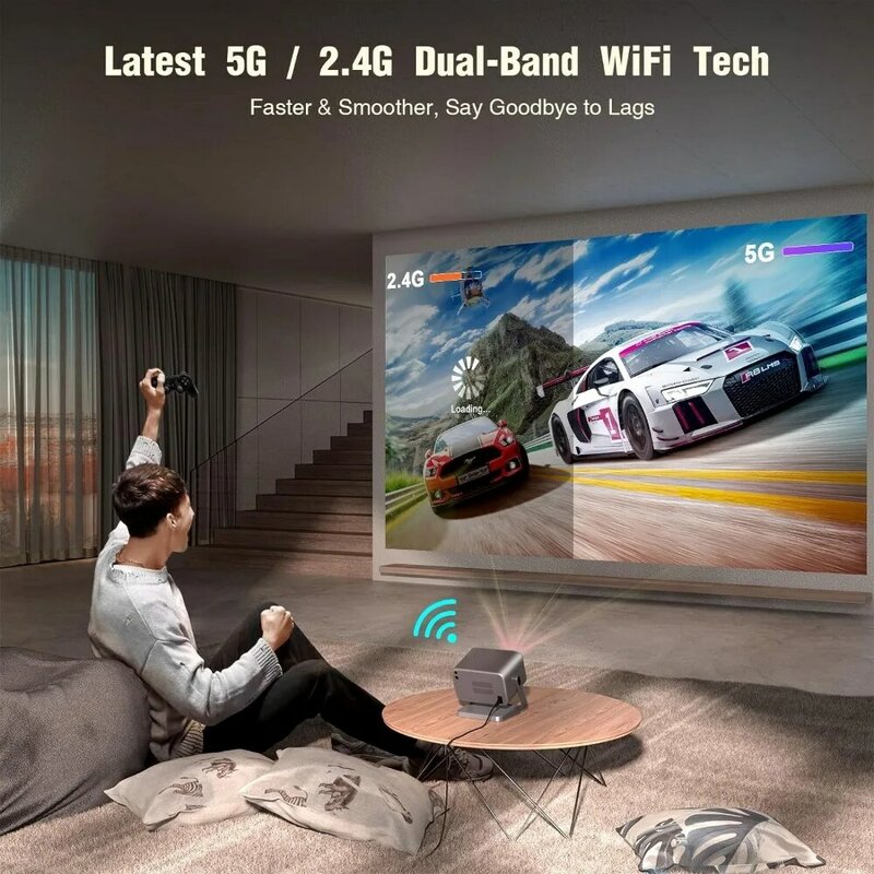 Projektor 4K z Wi-Fi i Bluetooth, projektor wideo 3D Dolby Atmos i Auto Keystone, projektor filmowy 600 ANSI na zewnątrz