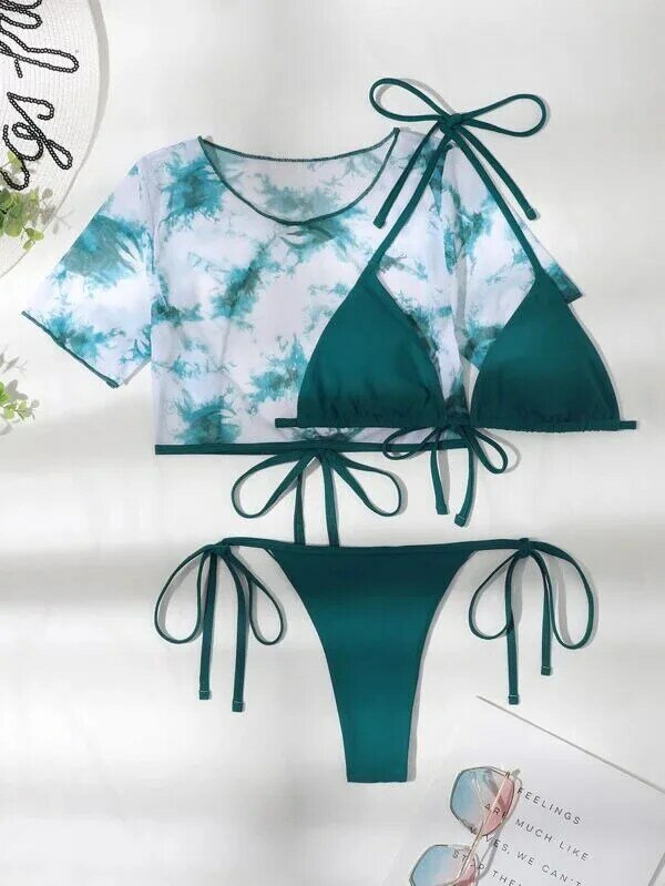 2024 neue 3 Stück Tie Dye Bikini vertuschen Badeanzug Frauen Tanga Bade bekleidung weibliche sexy Micro Bikinis Beach wear Badeanzug Pool