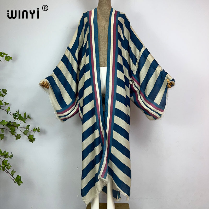WINYI-kimono con estampado a rayas para mujer, traje de baño de estilo bohemio de África, cárdigan elegante, ropa de playa sexy para vacaciones, vestido de noche