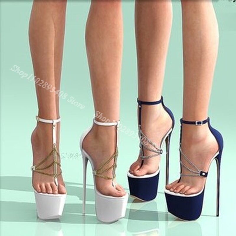 Sandal Stiletto Platform dekorasi rantai sepatu hak penutup jari terbuka gesper pergelangan kaki sepatu pesta wanita mode baru musim panas Zapatos Para mujue