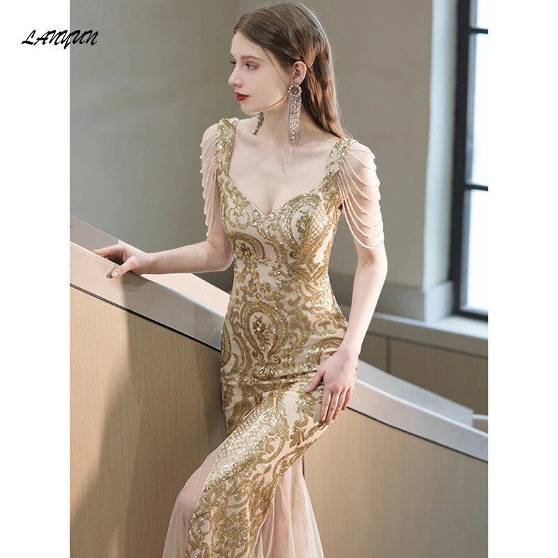Golden Slim Evening Dresses Banquet Gown Sexy Tassel Shoulder Collar Female Party  vestido de festa New launched dress