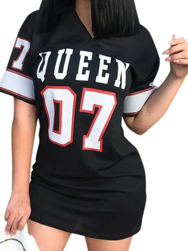 Vestido curto estampado feminino rainha hip hop, camiseta solta com decote em v, mini vestido sexy, camiseta longa
