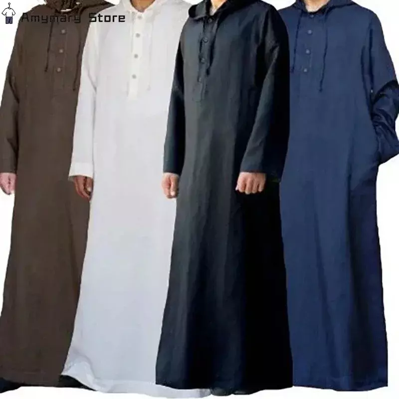 Men Hooded Muslim Fashion Saudi Arab for Men Long Sleeve Thobe Islamic Clothing Robe Solid Kaftan Top Islam Habit Ethnic Wear