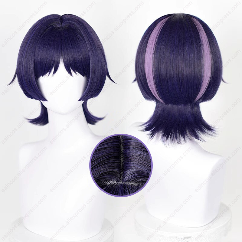 Scaramouche peruka do Cosplay 35cm niebieski fioletowy czarny mieszany kolor peruki odporne na ciepło włosy syntetyczne