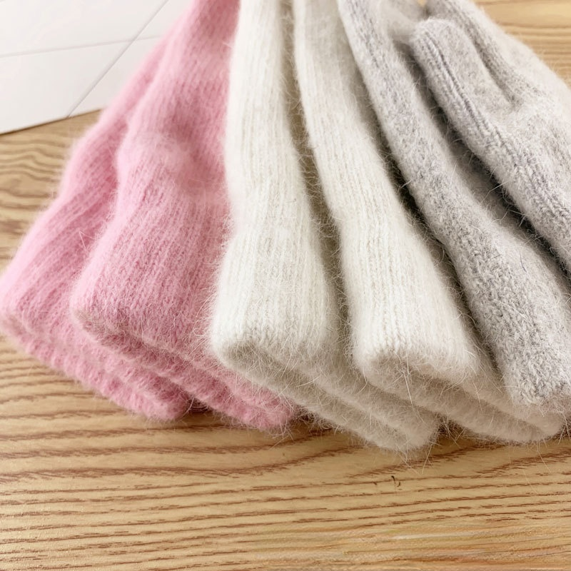 Женские зимние перчатки из кроличьего меха, Корейская версия, однотонные зимние женские перчатки на все пальцы, варежки для девочек, перчатки без пальцев