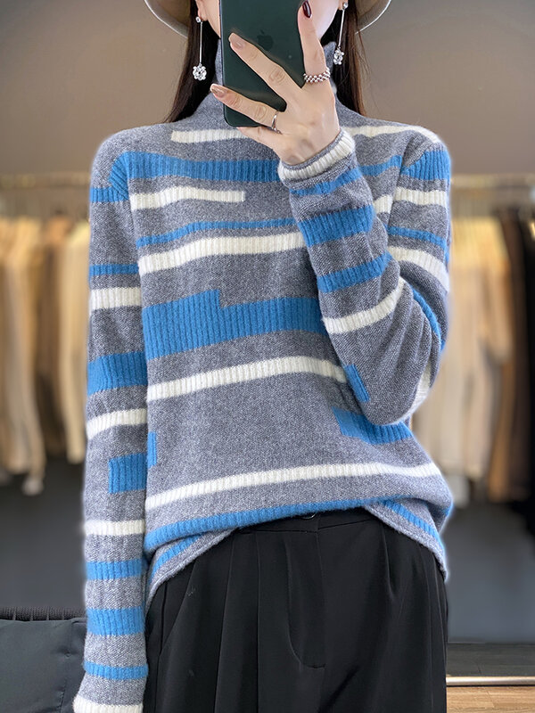 Addonee maglione dolcevita da donna autunno inverno di alta qualità 100% lana Merino a righe Vintage Pullover maglieria in Cashmere top