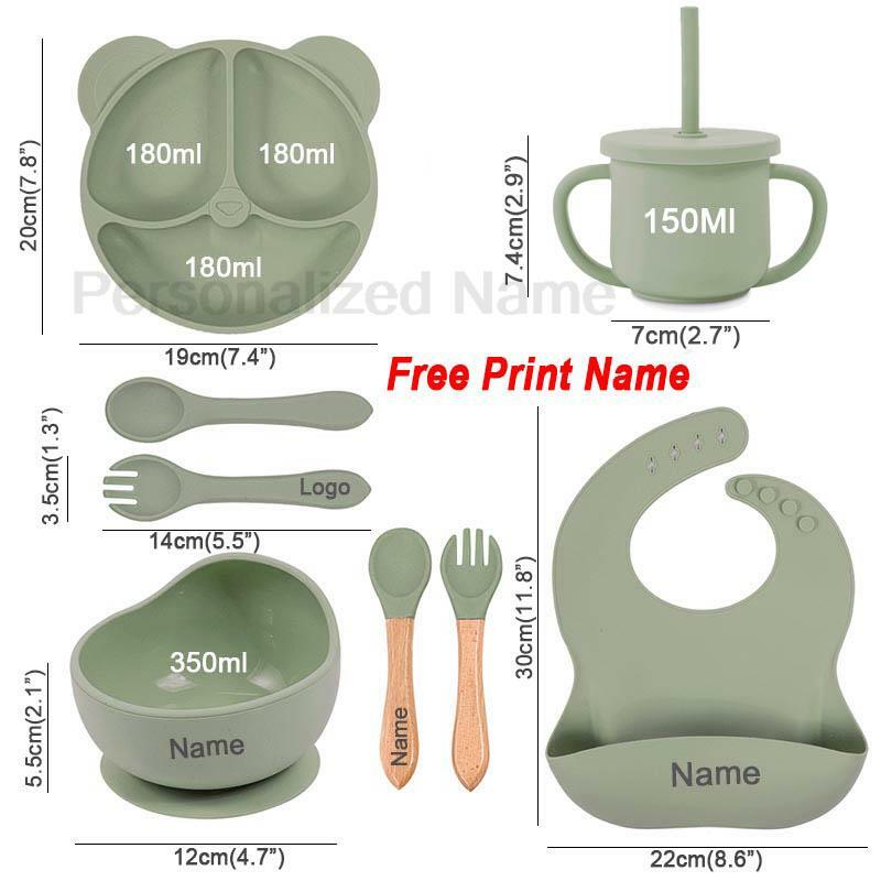 Feeding Set Silicone For Baby Sucker Bowl Dishes Plate For Kids Bear Plate Set Baby Tableware Children's Cup With Straw 8Pcs