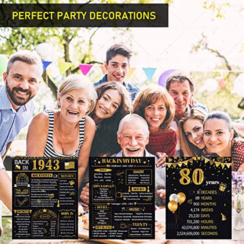 80th Birthday Decorations for Men 80th Birthday Anniversary Posters Back 1943 Party Decoration Supplies room decor