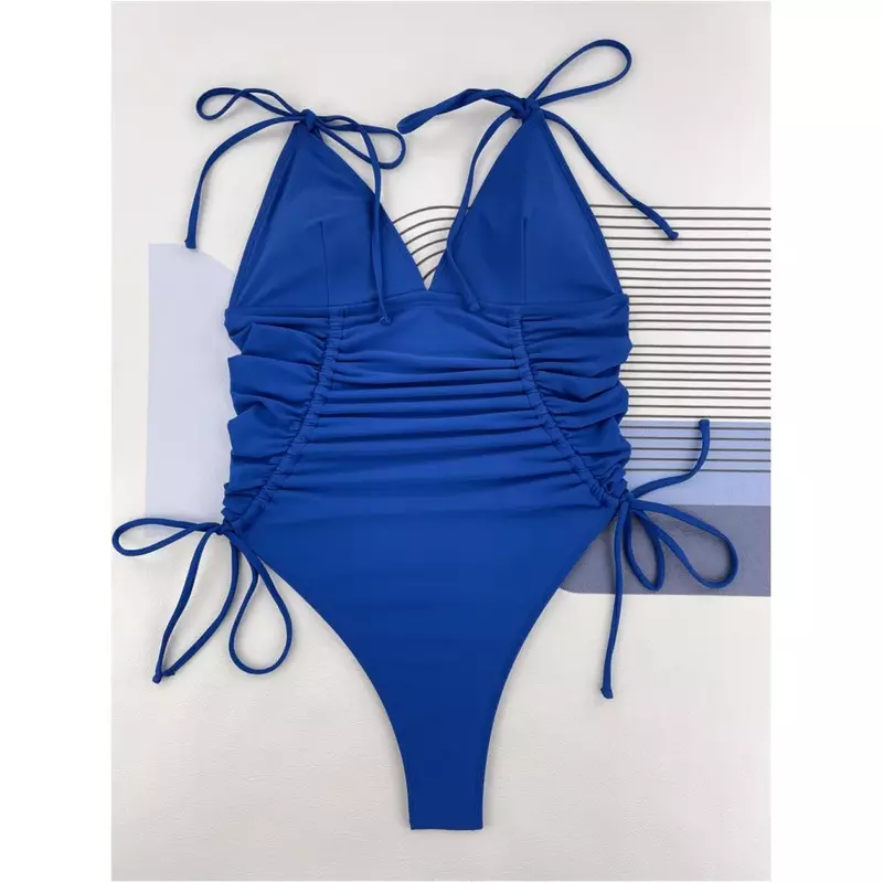 Blue Bikini Ruched Drawstring Pleated Swimsuit One-piece Swimwear Strappy Monokini Women Beach Outfit Micro Bikinis Bathing Suit