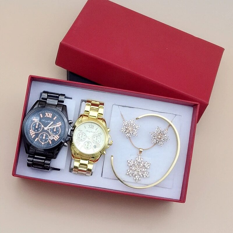 Luxo Three Eyes Steel Relógio de pulso para homens e mulheres, relógio casal, pulseira de quartzo, brinco colar com caixa, 6 peças