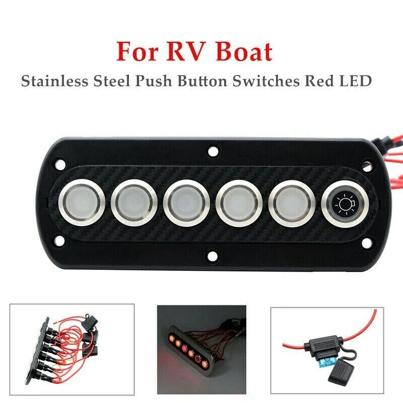 Interruptor de Panel de fibra de carbono modificado de 6 posiciones, interruptor de botón de acero inoxidable con luz roja para barco RV, 12V, 20a