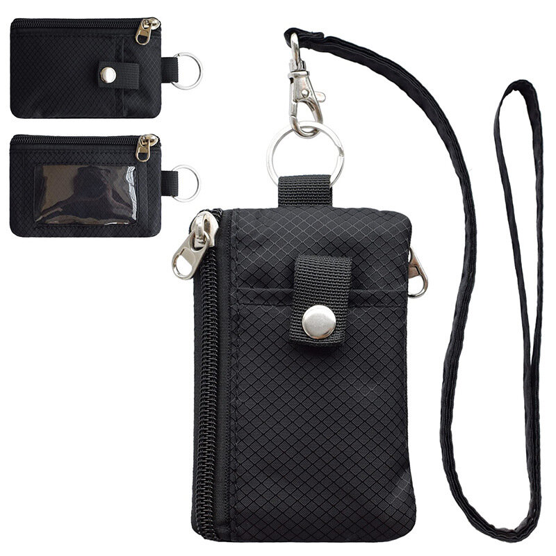 Gebwolf กระเป๋าสตางค์ขนาดเล็กป้องกัน RFID พร้อมหน้าต่างไอดีกันน้ำมีซิปกระเป๋าพร้อมพวงกุญแจเชือกสำหรับบัตร dompet koin เงินสด