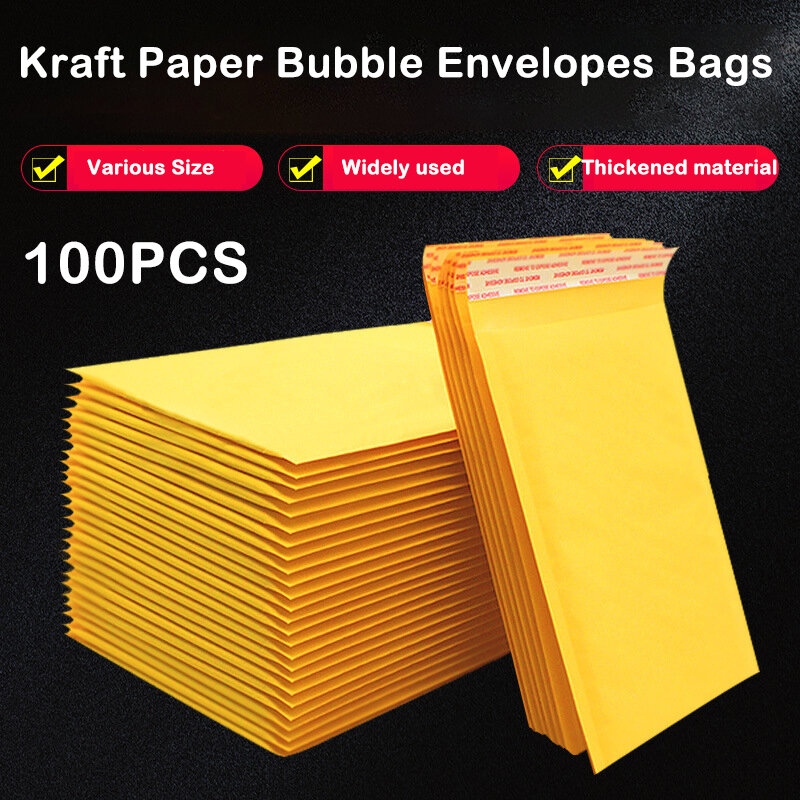 100 buah/lot tas surat amplop gelembung kertas Kraft dengan bantalan pengiriman amplop dengan tas surat gelembung berbagai ukuran kuning