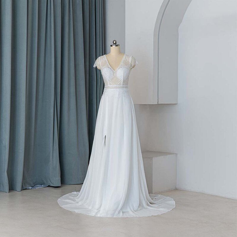 Gaun pernikahan desain populer baru untuk pengantin 2024 gaun pernikahan lengan pendek renda leher-v A-line Vestidos De Novia QW01656