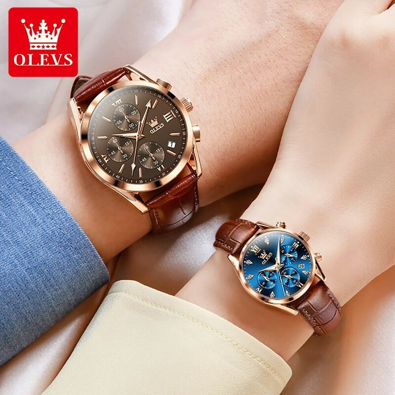 OLEVS-Montre à quartz chronographe de marque de luxe pour hommes et femmes, bracelet en cuir, étanche, calendrier Shoe, montres de couple à la mode