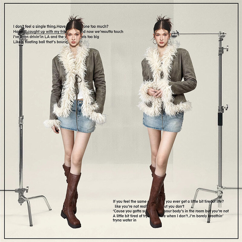 Женская короткая куртка с меховым воротником, повседневная куртка в стиле ретро, верхняя одежда в стиле пэчворк, Осень-зима 2023