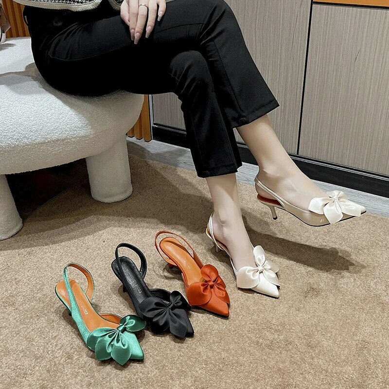 Woman Pumps Large Sandals Women's Summer High Heels New Solid Color Bow Tie Pointed Thin Heel High Heel Fashion Women's Shoes