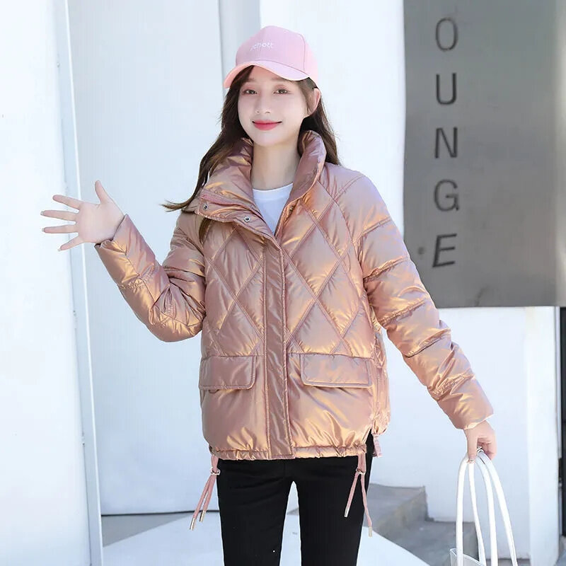 Casaco de algodão feminino com gola em pé, casaco para pão edição coreana, rosto brilhante, novo, outono e inverno, 2023