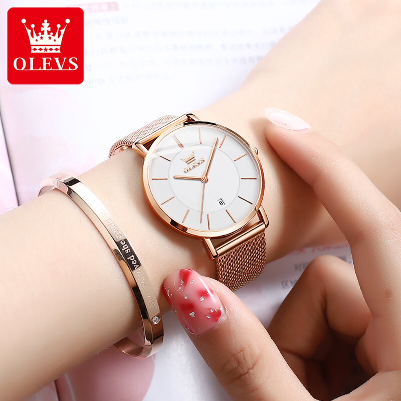 OLEVS-Reloj de pulsera impermeable para mujer, pulsera de cuarzo con correa de acero inoxidable de gran calidad, con calendario, a la moda