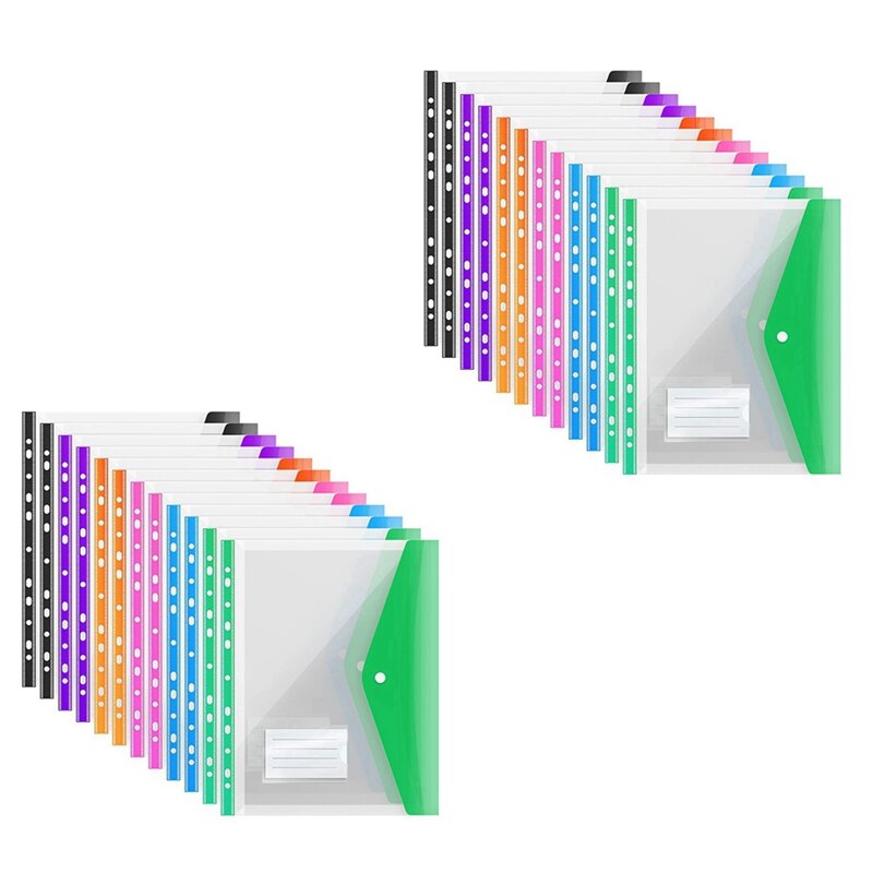 A4 플라스틱 파일 폴더, 확장 가능한 A4 확장형 펀치 포켓, 스냅 클로저 및 라벨 포켓 포함, 24 팩