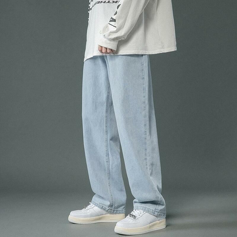 Męskie wiosenne jesienne kieszenie spodnie dżinsowe spodnie z szerokimi nogawkami Hip Hop prane luźne jeansy koreańskie klasyczne męskie spodnie z prosta szeroka nogawkami