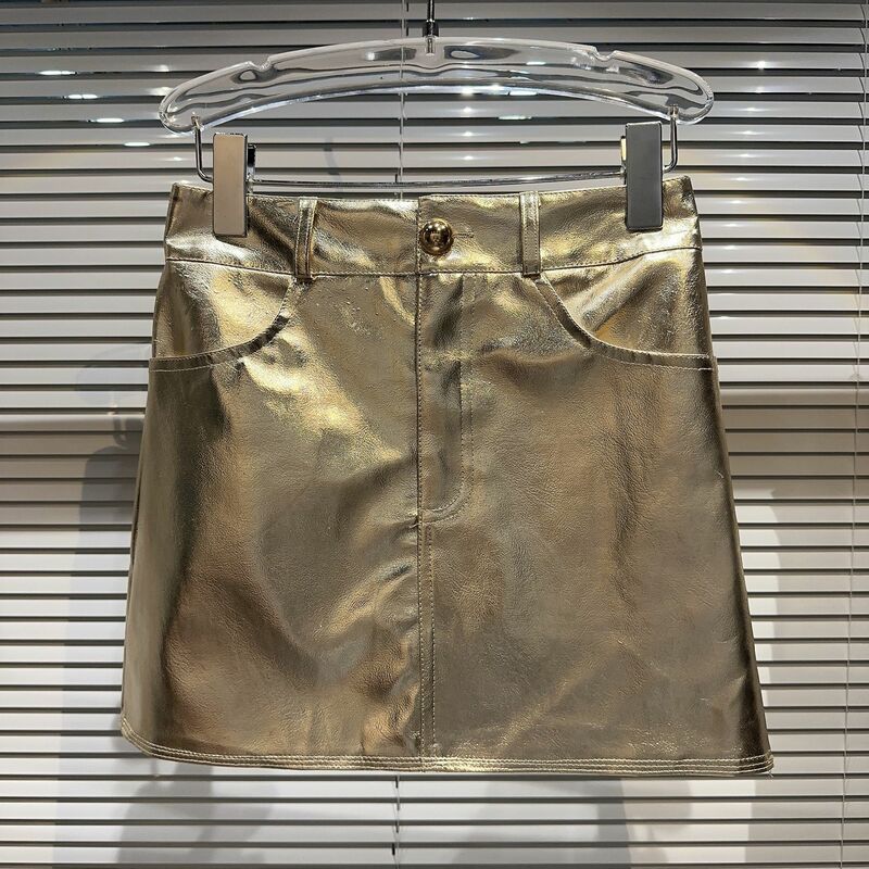 Falda Autumn New Arrival Metallochrome Color Bright Pu Faux Leather Short Slim Bodycon Skirt