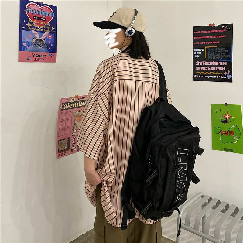 한국 패션 튜닉 레트로 러브 스트라이프 프린트 탑 셔츠, 여성 스웨터, 2024 오버사이즈 셔츠, 여성 여름 상의