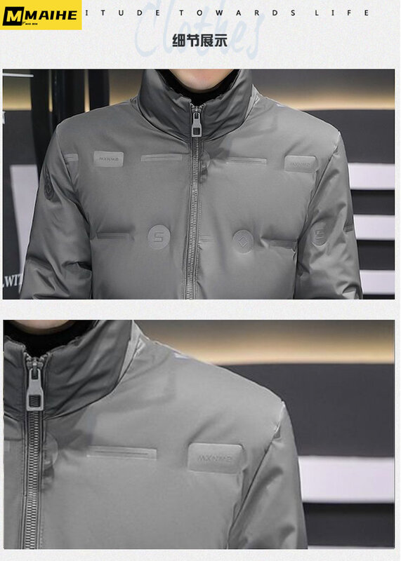 Jaqueta masculina de colarinho em pé, casaco acolchoado leve, pato espesso para baixo enchimento, nova tendência da moda