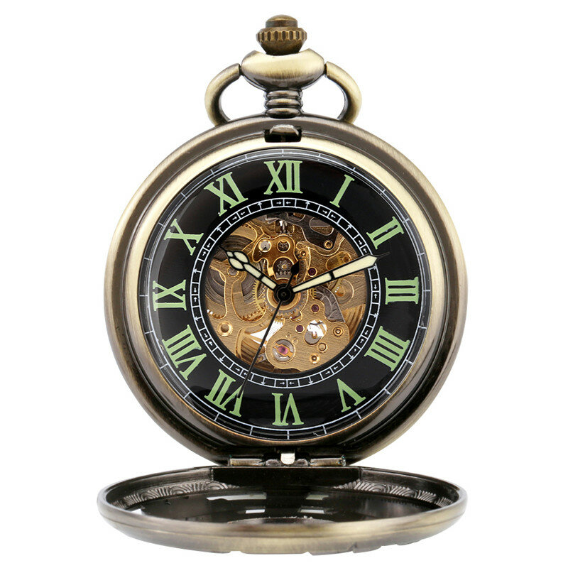 Карманные часы в стиле стимпанк для мужчин и женщин, автоматические механические часы-скелетоны с цепочкой на цепочке, с римскими цифрами, светящиеся стрелки, подарок для охотника