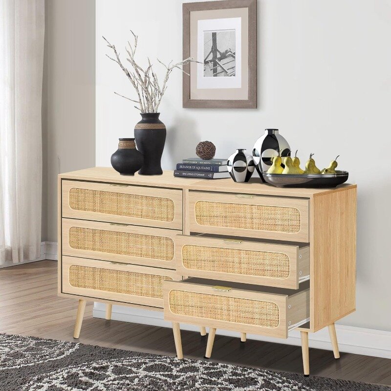 2 Sets of Rattan Nightstand Dresser Chest of 3 Drawers, Wood Storage Dresser Cabinet Organizer Unit