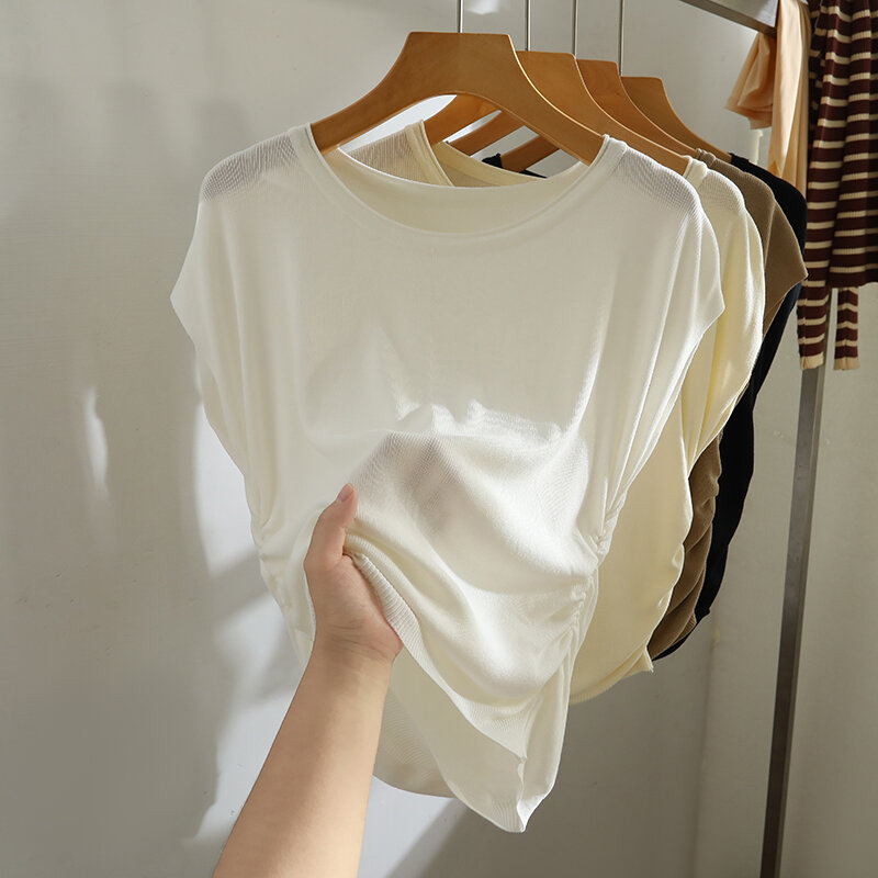 2024 여성용 여름 패션 반팔 단색 티셔츠, 얇은 스웨터 상의 티, 여성용 아이스 실크 니트 티셔츠, X256
