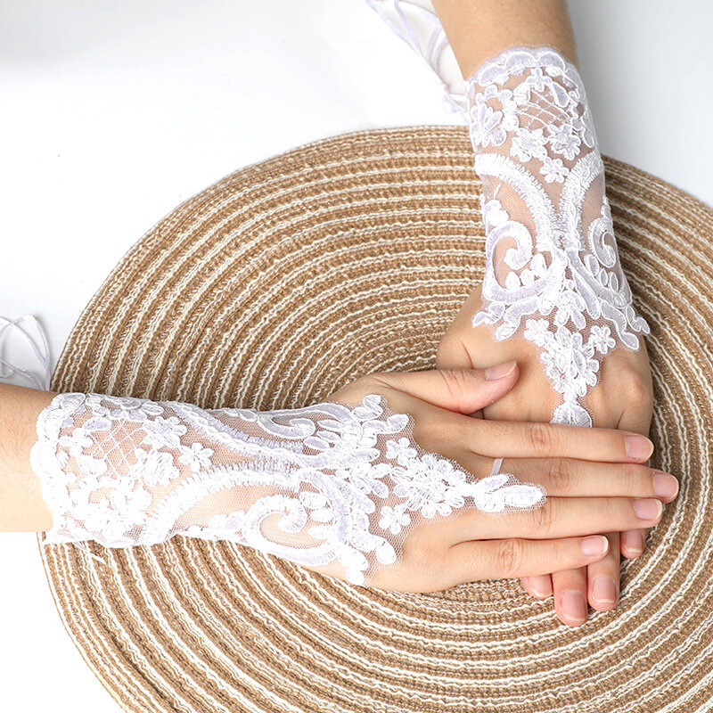 1 pasang sarung tangan renda bordir lubang atraktif Aksesori pernikahan tanpa jari sarung tangan jamuan wanita unik indah halus