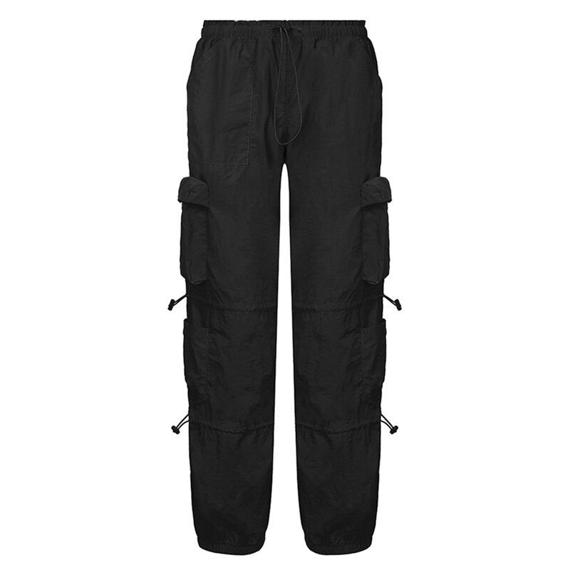 กางเกงร่มชูชีพมีหลายกระเป๋าของผู้หญิงกางเกงคาร์โก้เอวต่ำแบบยางยืดมีเชือกรูดกางเกงวิ่งกางเกง Y2K เทรนนิ่ง
