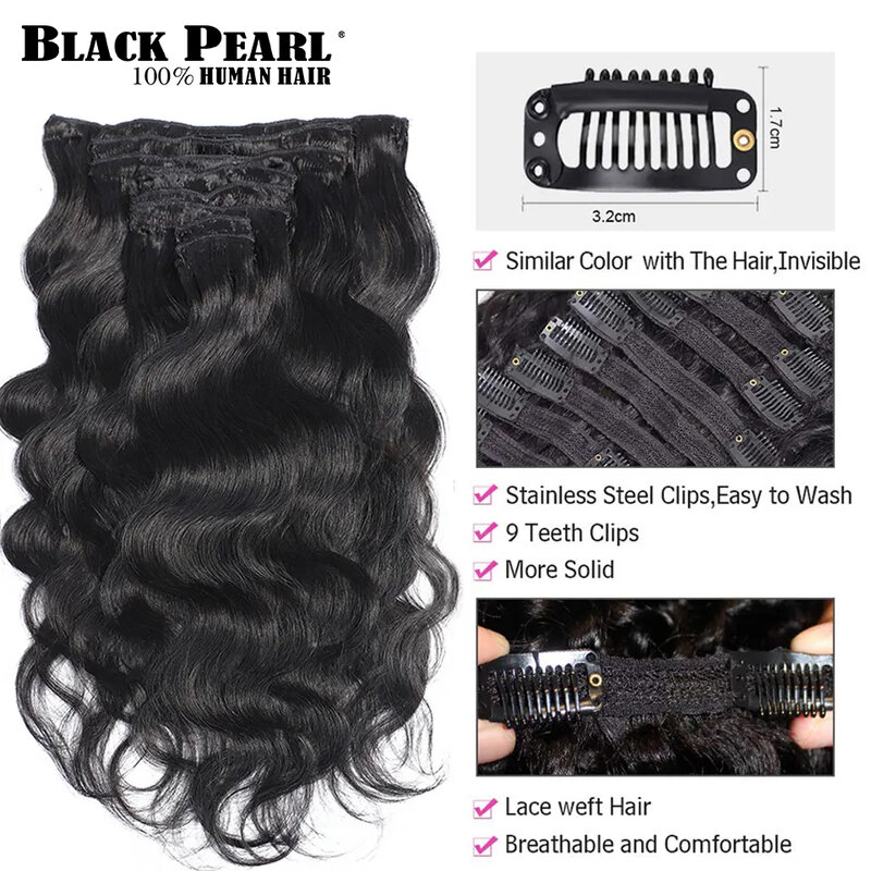 Clip-on extensões de cabelo humano para mulheres, pérola negra, onda do corpo, cabeça cheia, extensão brasileira, 7pcs