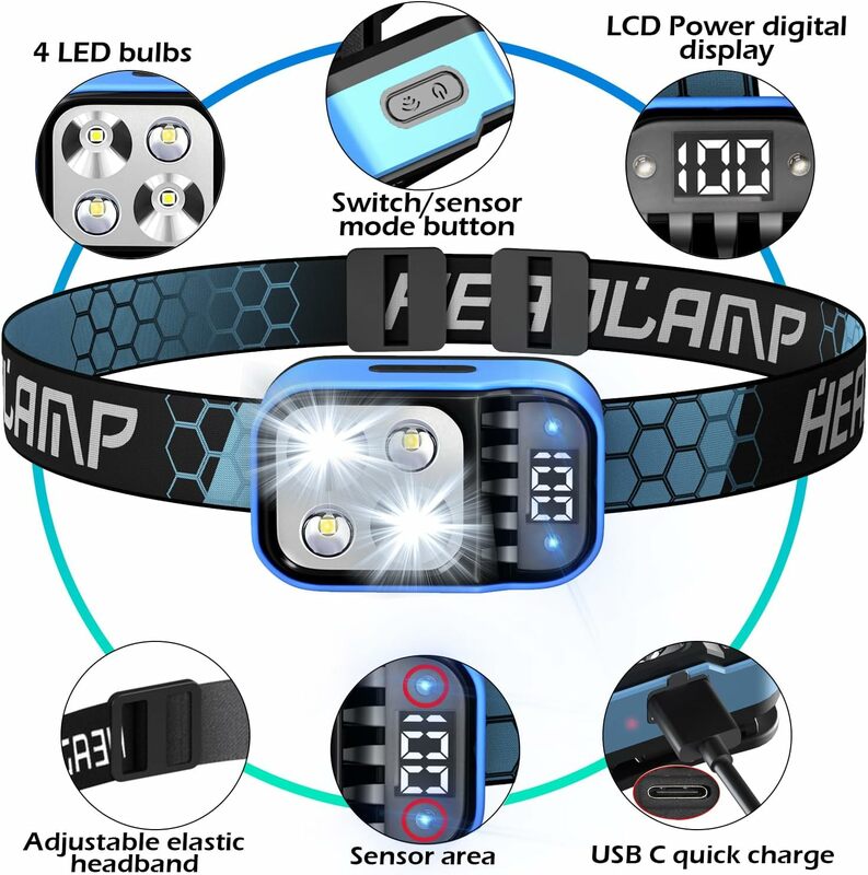 Mini LED farol recarregável, alta potência, luz principal da lâmpada, USB C Sensor, luz dianteira para trabalhar, pesca, Camping