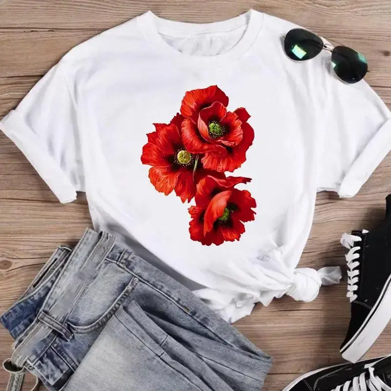 Camiseta con estampado de flores y acuarela para mujer, camisetas de dibujos animados, Top gráfico de manga corta, camiseta de verano para mujer 2024