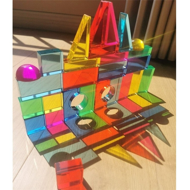 أطفال قوس قزح لوسيت الاكريليك مكعب التراص كتل هندسية عالية شفافة مثلث مستطيل اللعب