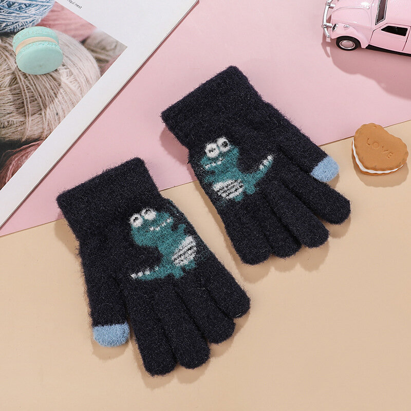 New Kids Cartoon Small Dinosaur Warm Plush Thickened Boys Girls Children Cute Winter Toddlers Outdoor Knitted Gloves 4-10Years