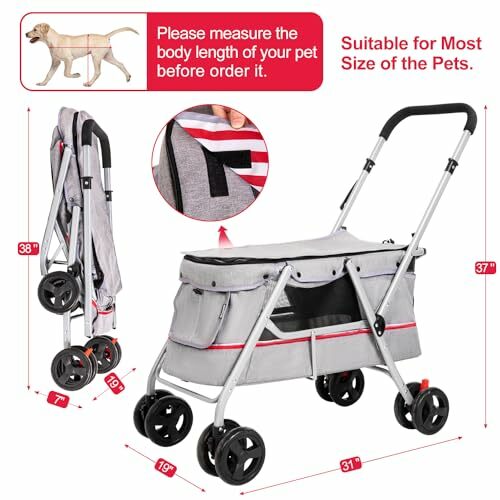 Коляска складная для собак, семейная прогулочная коляска, 4 колеса, до 33 фунтов, для маленьких и средних собак, кошек, прогулок, покупок