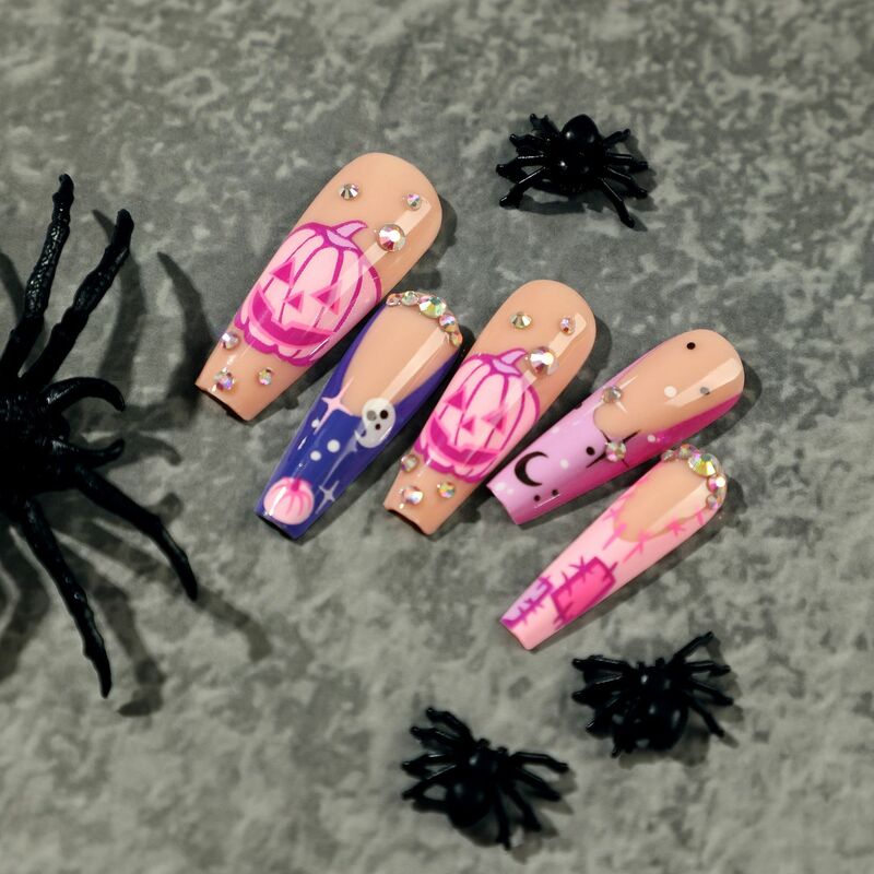 Halloween Theme Ghost Press-on Nail Long Lasting Reusable Nail with Rhinestones for Daily Lives Everyday Use