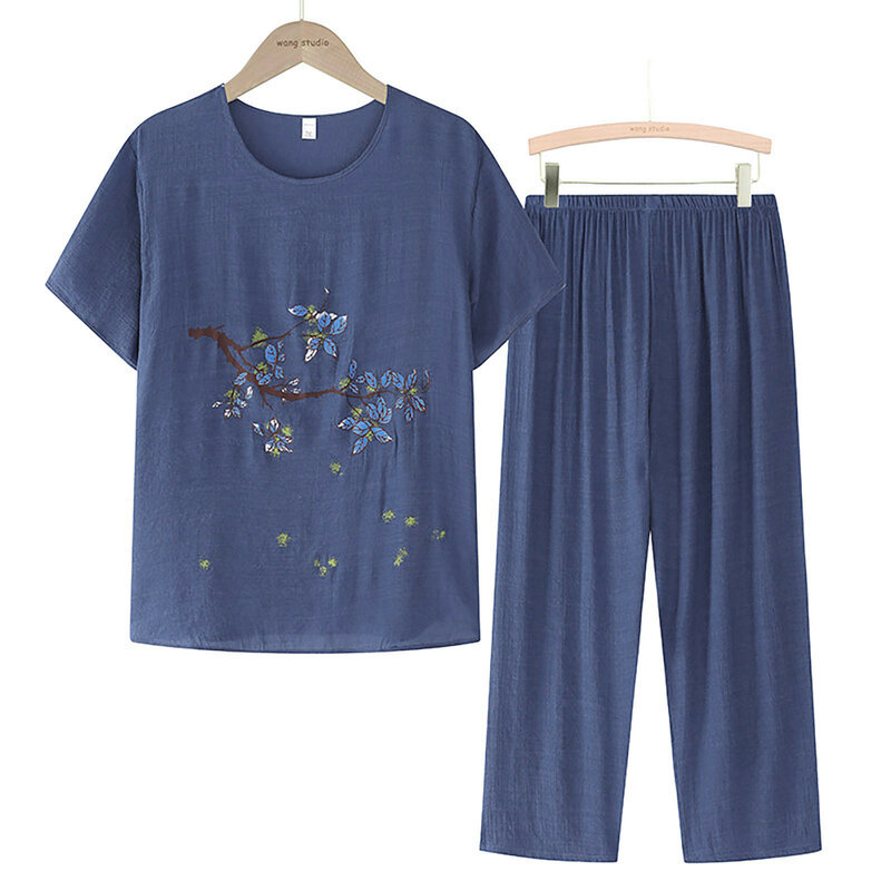 Conjunto de dos piezas de algodón y lino para mujer, traje holgado de manga corta con estampado de verano, a la moda