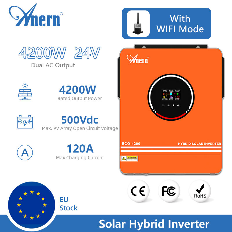 Inversor solar híbrido de onda senoidal pura com WiFI, 3.6KW 6.2KW AC 220V DC 24V DC 48V DC MPPT, Entrada 120A 500V DC PV