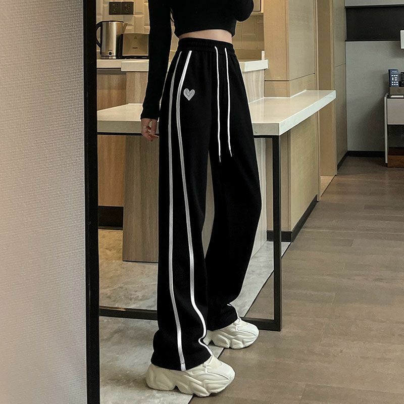 High Street Vintage Wide Leg Sporty Pants Women's Solid Stripe Embroideery High Wait Pockets Drawstring Loose Straight Trousers