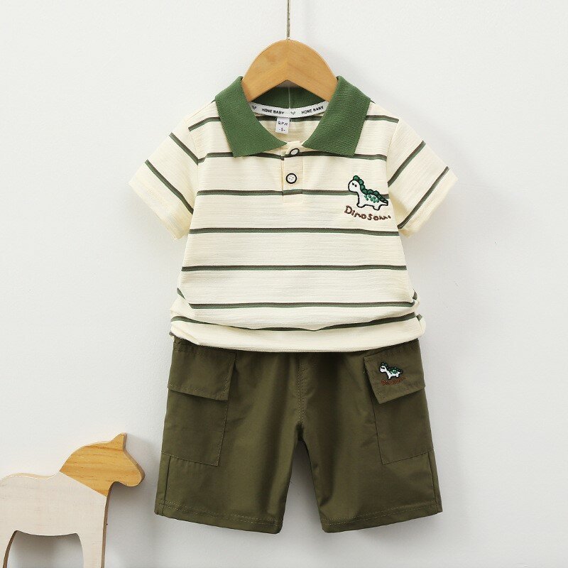 Baby Boys Short Sleeve Striped Suit, Dinosaur Letter Print Polo Shorts soltos, roupas para meninos recém-nascidos, roupas de verão, 2pcs