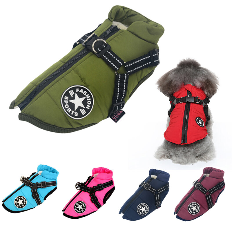 Impermeável grande Pet Dog Jacket com arnês, roupas quentes de inverno para Labrador, casaco Big Dog, Chihuahua French Bulldog Outfits