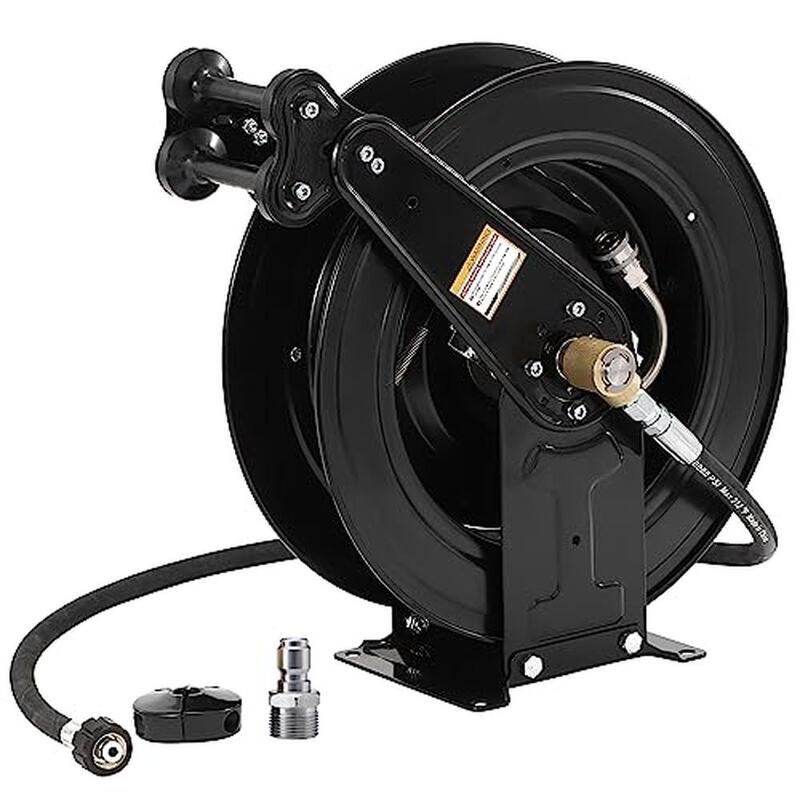 Steel Dual Arm Auto-Retractable High Pressure Washer Hose Reel 3/8" X 50 FT Water/Air/Oil Heavy Duty Power Wash  Industrial