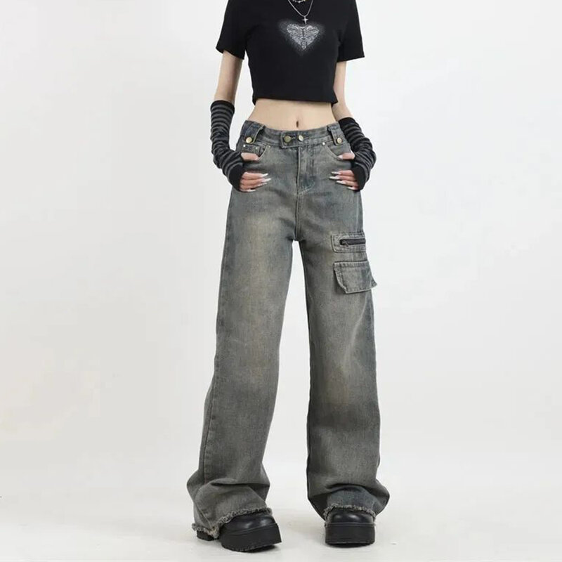 Celana pel kaki lebar wanita, Jeans pakaian kerja Retro selangkangan terbuka tak terlihat, celana pel kaki lebar lurus longgar pinggang tinggi untuk perempuan