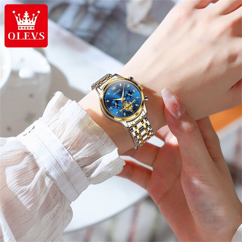 OLEVS 여성용 럭셔리 크로노그래프 쿼츠 시계, 스테인리스 스틸 방수 손목시계, 탑 브랜드