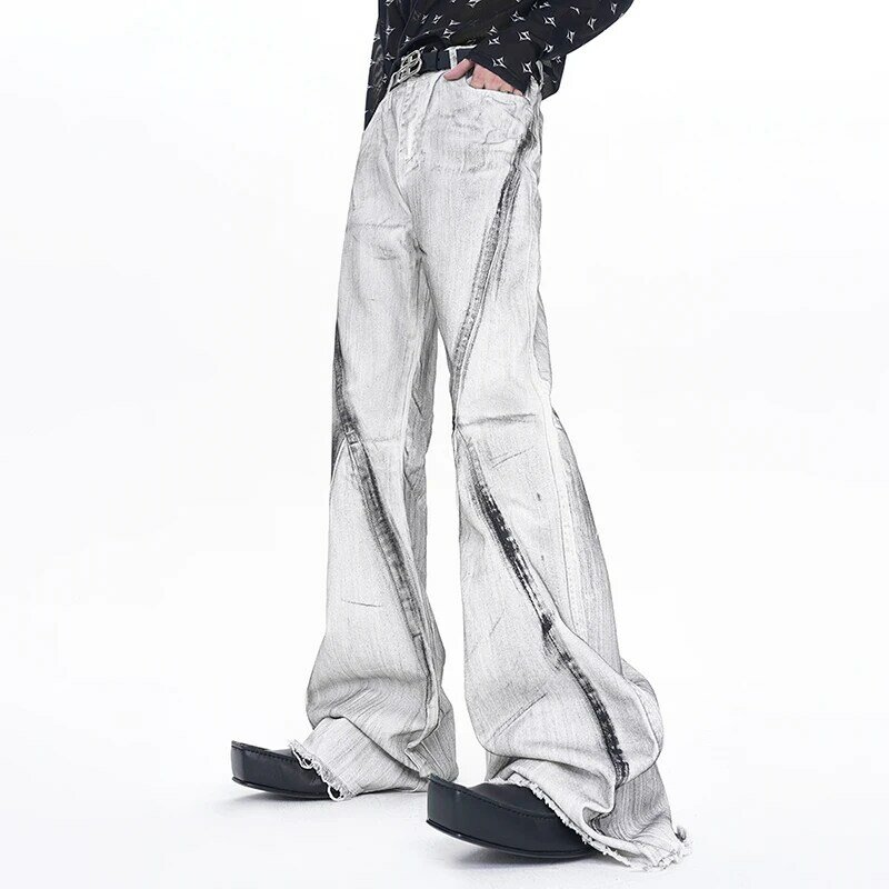 FEWQ Niche Design Men's Jeans American Retro Style Graffiti Trousers 2024 Summer High Street Vintage Bell-bottoms Men 24X9094